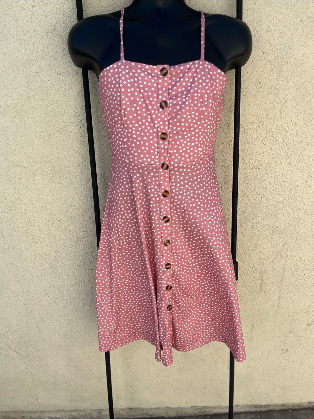 Pink Polka Dot Button-Front Mini Dress with Spaghetti Straps